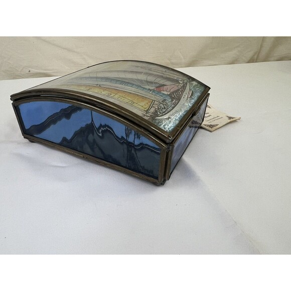 Vtg Via Vermont Sailboat Jewelry Trinket Box Cobalt Blue Glass Mirrored Brass - Picture 5 of 12